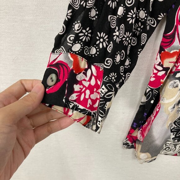 KOOS Of Course! Black Pink Floral Pure Silk Artsy BloomCore Button Down Tunic 1X - Picture 3 of 11